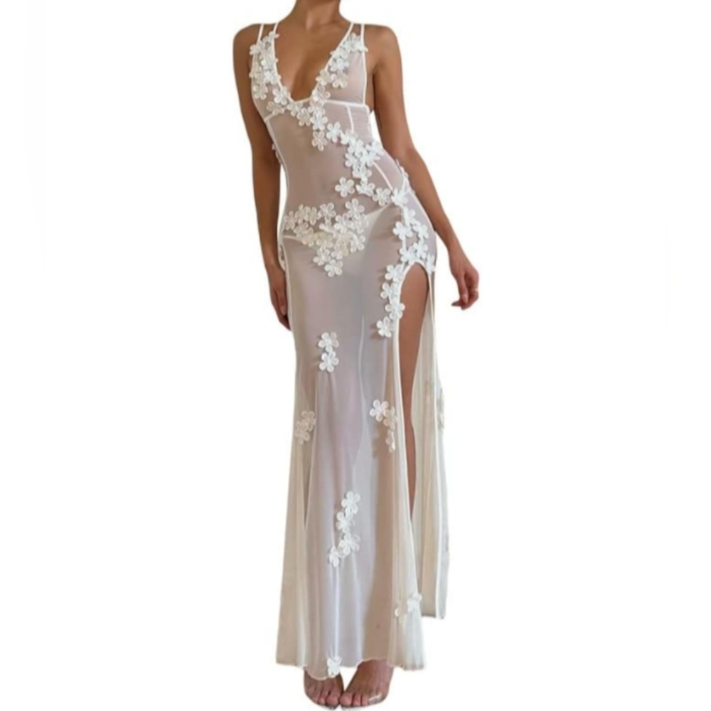 Sexy Ivory Stretch Mesh Maxi Dress Floral Applique Long Gown Lingerie Flowers